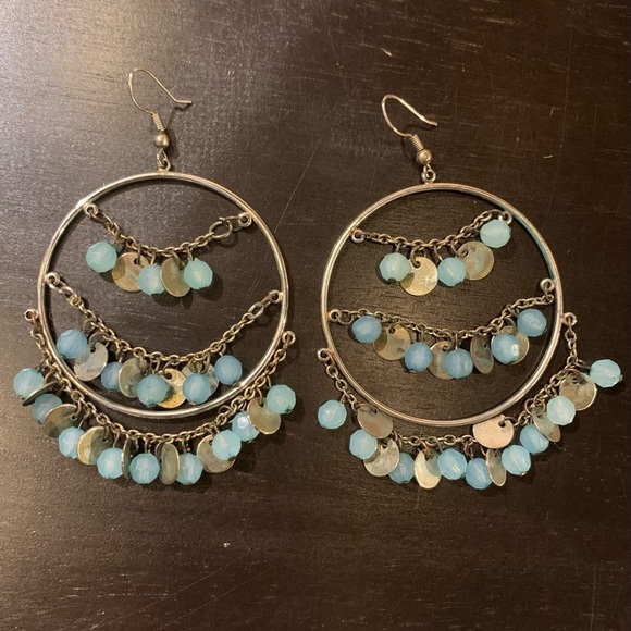 Jewelry - Silver Hoop Earrings w/ Blue Beads Hanging Off Them